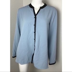 Alfani Womens Faux Leather Trim Blouse Button Down